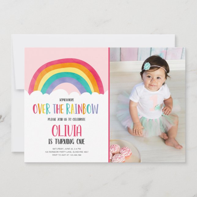 Over the Rainbow Pink Girl Birthday Invitation (Front)