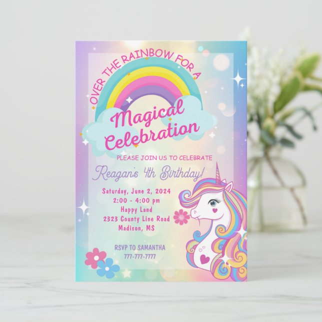 Over the Rainbow Unicorn Birthday Invitation (Standing Front)