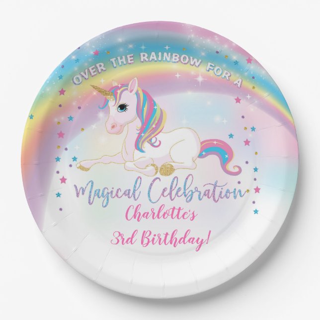 Over The Rainbow Unicorn Birthday  Paper Plates (Front)