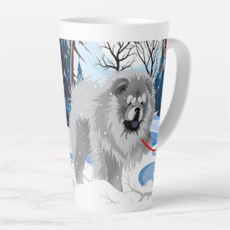 OVER THE RIVER Blue Chow latte mug with text