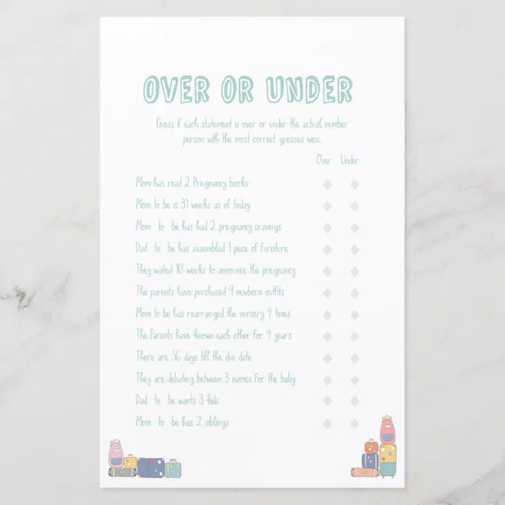 Over Under Adventure Baby Shower Game | Zazzle