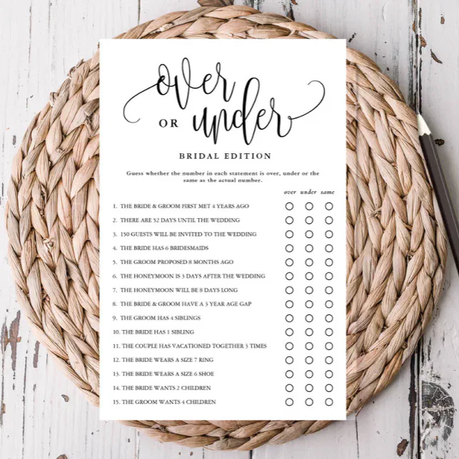 Over Under Bridal Shower Editable Paper Game Card | Zazzle