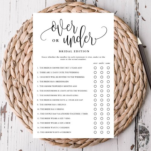 Over Under Bridal Shower Editable Paper Game Card