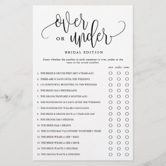 Over Under Bridal Shower Editable Paper Game Card | Zazzle