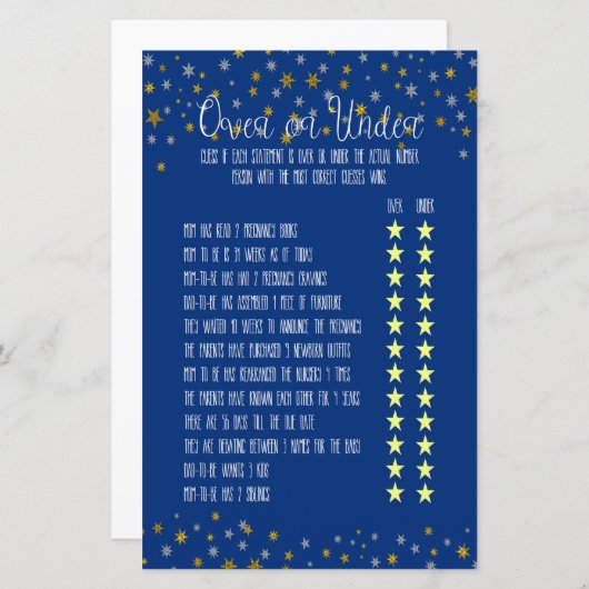 Over Under Little Star Baby Shower Game (Front/Back)