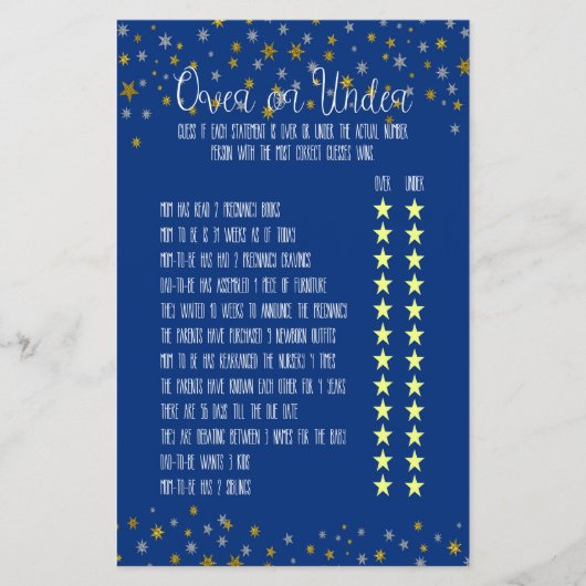 Over Under Little Star Baby Shower Game (Front)