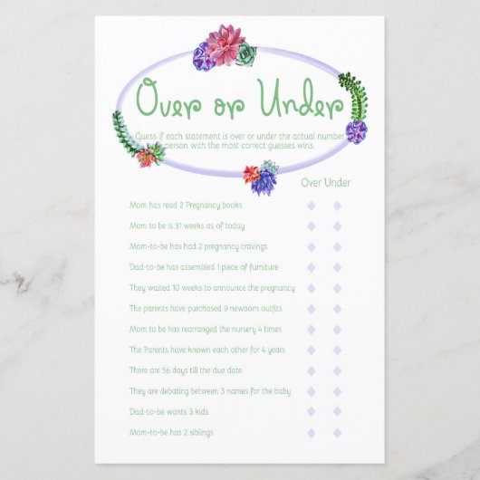 Over-Under Succulent Baby Shower Game (Front)