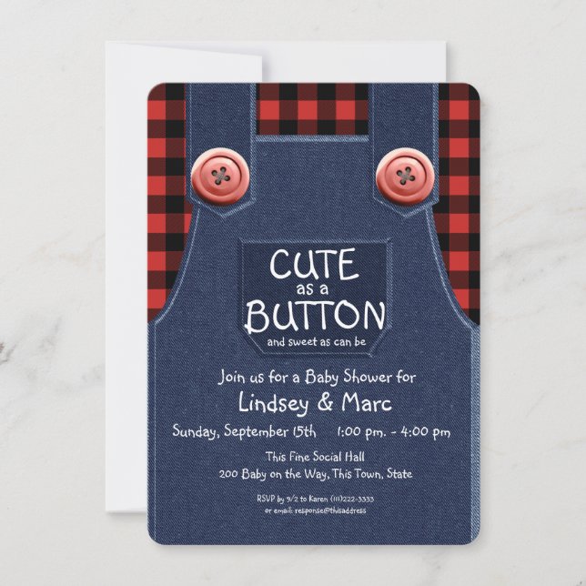 Overalls and Flannel Cute as a Button Baby Shower Invitation (Front)