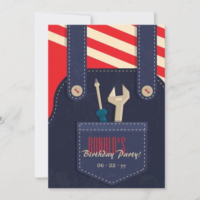 Overalls and Tools Birthday Invitation (Front)