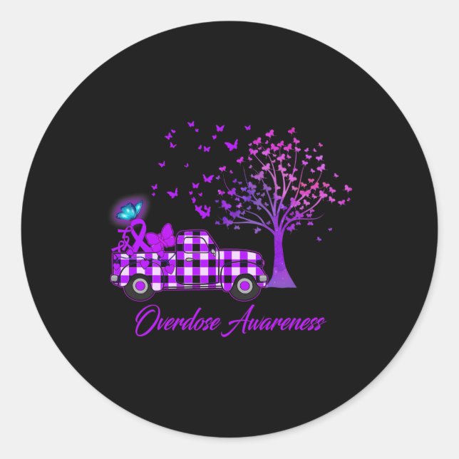 Overdose Awareness Butterfly Ribbon Purple  Classic Round Sticker (Front)