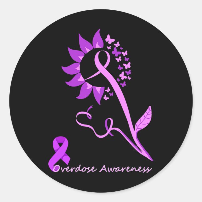 Overdose Awareness Butterfly Sunflower Ribbon Mont Classic Round Sticker (Front)