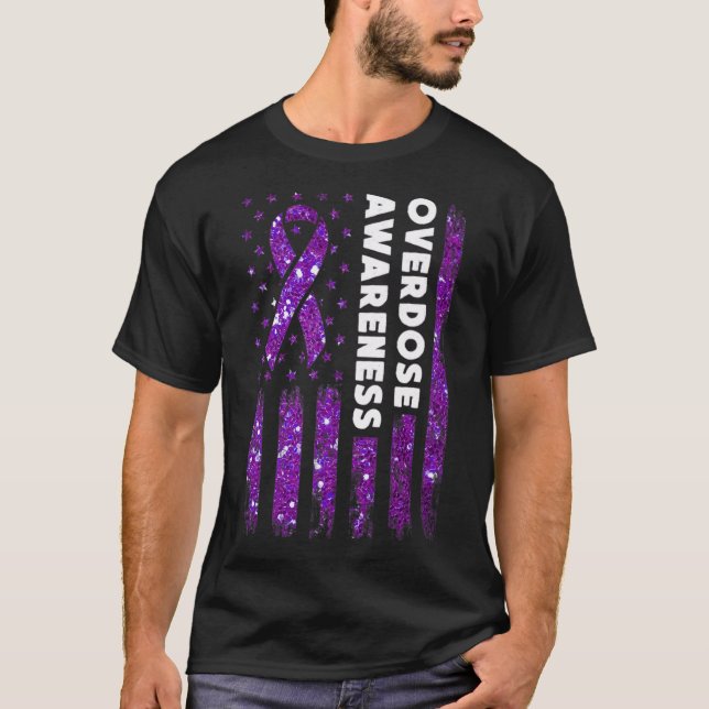 Overdose Awareness Flag Pruple Ribbon Addiction Re T-Shirt (Front)