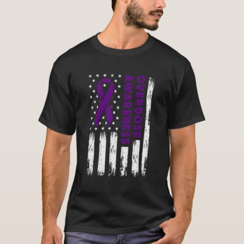 Overdose Awareness Flag Purple Ribbon Addiction Re T_Shirt