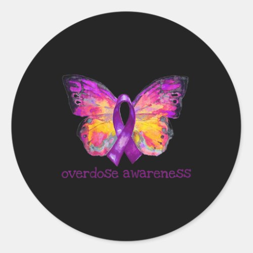 Overdose Awareness Purple Ribbon Butterfly Grief L Classic Round Sticker