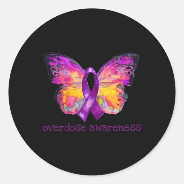 Overdose Awareness Purple Ribbon Butterfly Grief L Classic Round Sticker (Front)
