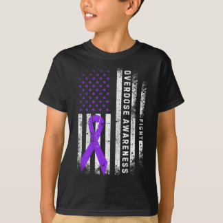 Overdose Awareness Purple Ribbon Usa Flag Drug Add T-Shirt