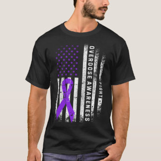 Overdose Awareness Purple Ribbon Usa Flag Drug Add T-Shirt