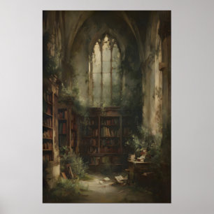 Overgrown Library Ruins With Books And Ivy, Gothic Poster