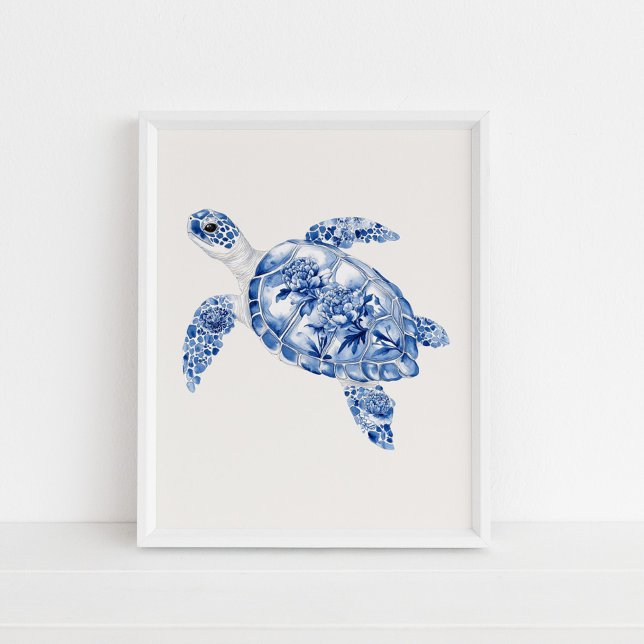 Overhead Sea Turtle – Coastal Blue on Beige Poster (Overhead Sea Turtle – Coastal Blue on Beige Poster in a white frame on the floor)