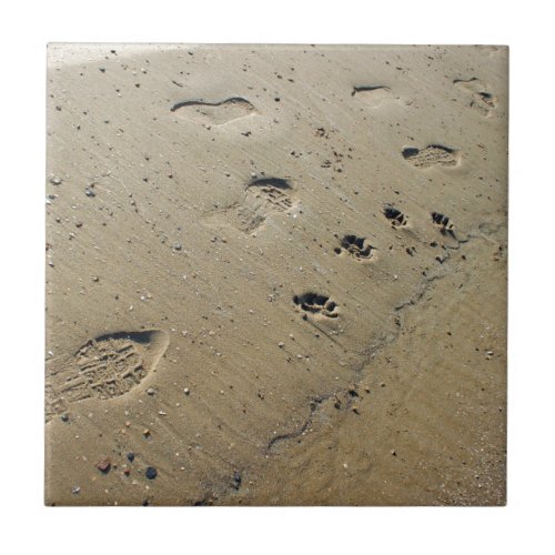 Overhead view on the wet sand at the beach with fo ceramic tile