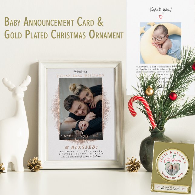 Overjoyed Blessed Photo Holiday Birth Announcement (Overjoyed Blessed Photo Holiday Birth Announcement Elegant Modern Gold Foil Card )