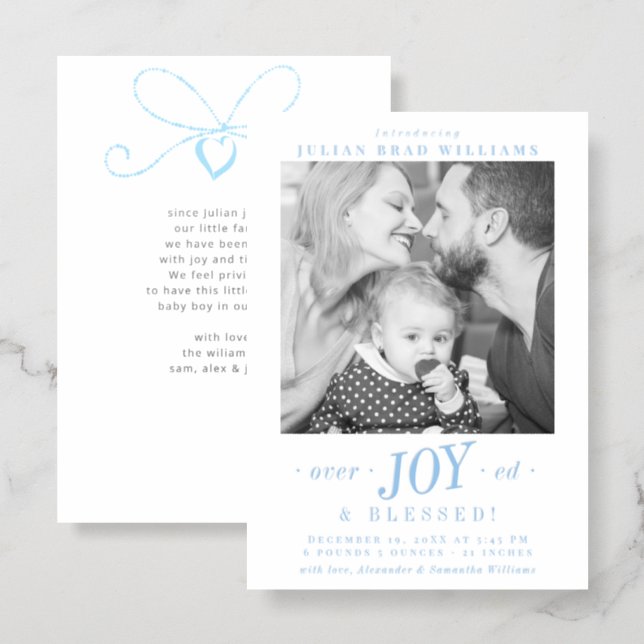 Overjoyed Christmas Blessed Photo Holiday Blue Letterpress Photo Cards (Front/Back)