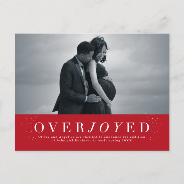 Overjoyed holiday pregnancy announcement postcard (Front)