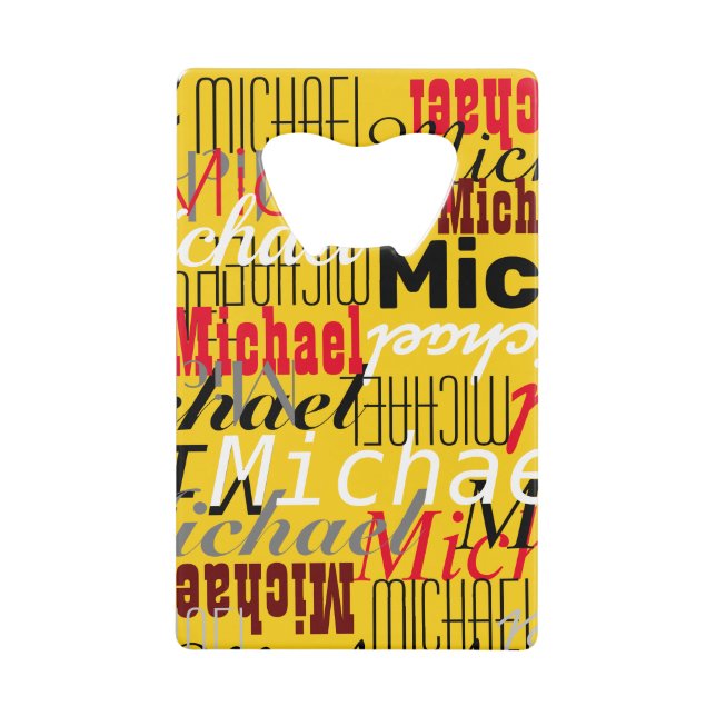 Overlapped Names All-Over Yellow Credit Card Bottle Opener (Front)