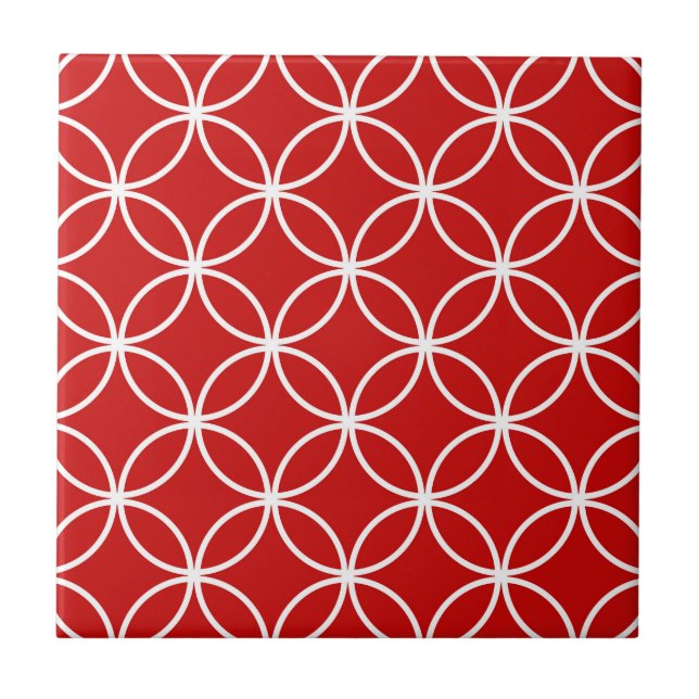 Overlapping Circles Geometric Pattern Red White Ceramic Tile (Front)