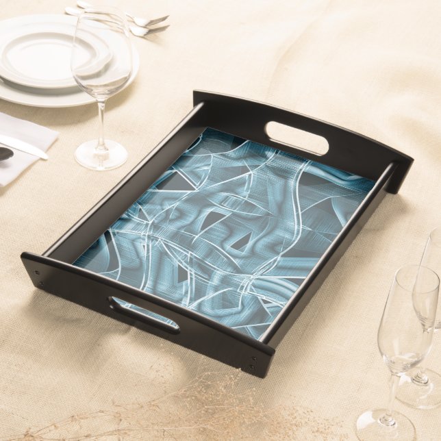 Overlapping curves in tape shape, blue neon relief serving tray (Front)