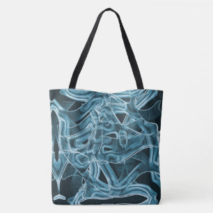 Overlapping curves like ribbon, blue neon relief tote bag