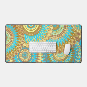 Overlapping Mandala Blue Brown Gold Desk Mat