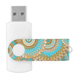 Overlapping Mandala Blue Brown Gold Flash Drive