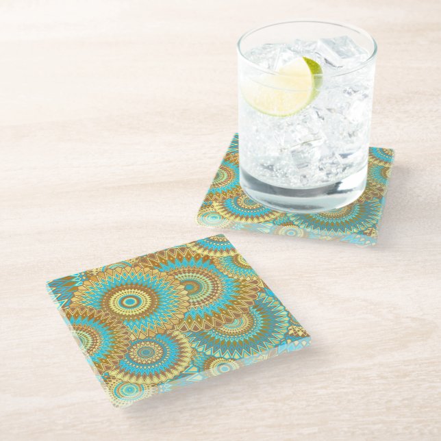 Overlapping Mandala Blue Brown Gold Glass Coaster (Angled)