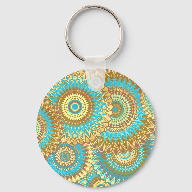 Overlapping Mandala Blue Brown Gold Keychain (Front)