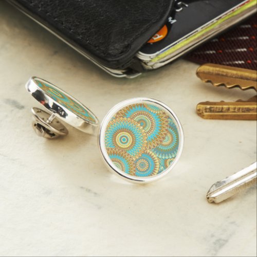 Overlapping Mandala Blue Brown Gold Lapel Pin