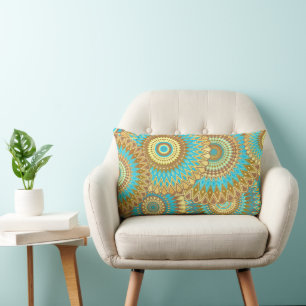Overlapping Mandala Blue Brown Gold Lumbar Pillow