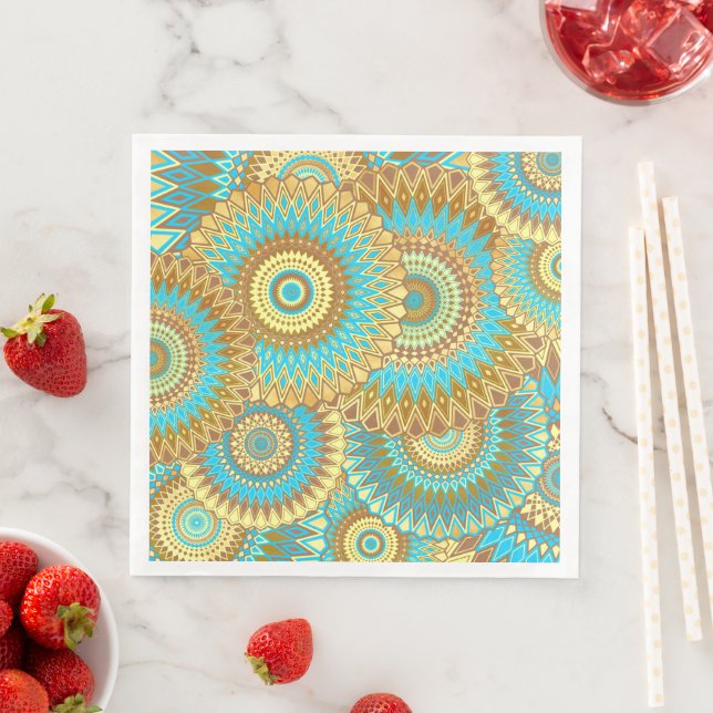 Overlapping Mandala Blue Brown Gold Paper Dinner Napkins (Insitu)