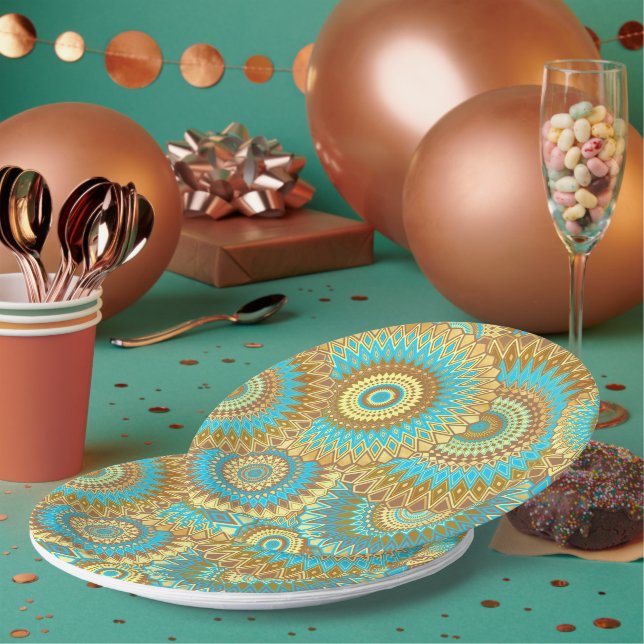 Overlapping Mandala Blue Brown Gold Paper Plates (Multi)