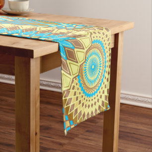 Overlapping Mandala Blue Brown Gold Short Table Runner