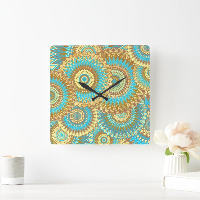 Overlapping Mandala Blue Brown Gold Square Wall Clock (Home)
