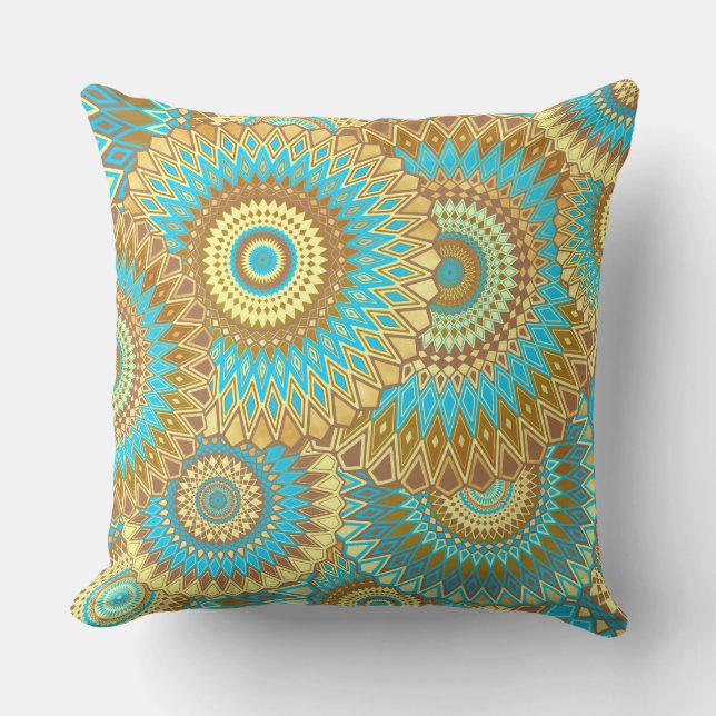 Overlapping Mandala Blue Brown Gold Throw Pillow (Front)