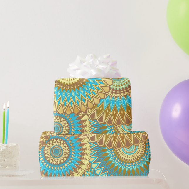 Overlapping Mandala Blue Brown Gold Wrapping Paper (Party Gifts)