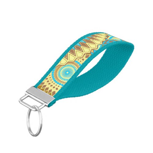 Overlapping Mandala Blue Brown Gold Wrist Keychain