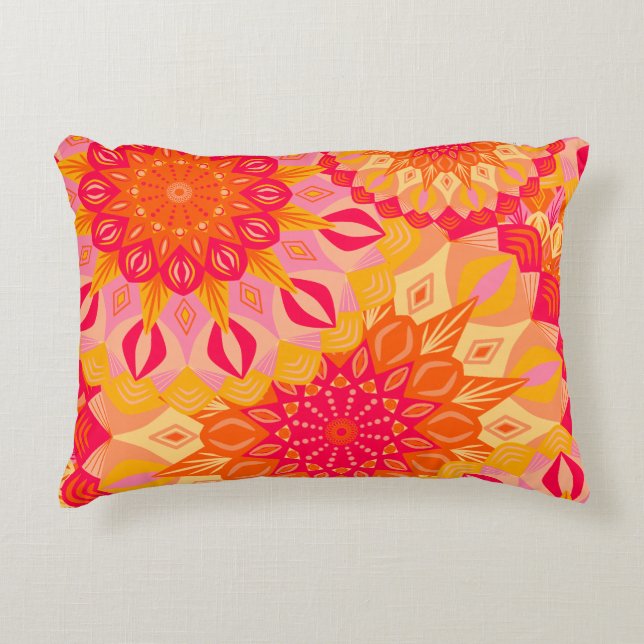Overlapping Mandala Orange Pink Yellow Accent Pillow (Front)