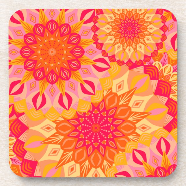Overlapping Mandala Orange Pink Yellow Beverage Coaster (Front)