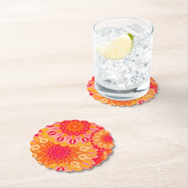 Overlapping Mandala Orange Pink Yellow Paper Coaster (Insitu)