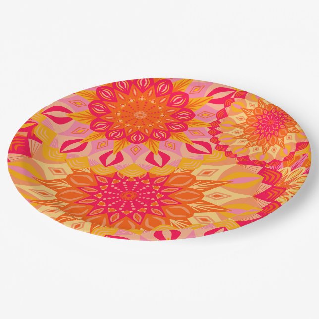 Overlapping Mandala Orange Pink Yellow Paper Plates (Angled)