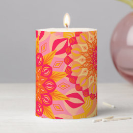 Overlapping Mandala Orange Pink Yellow Pillar Candle