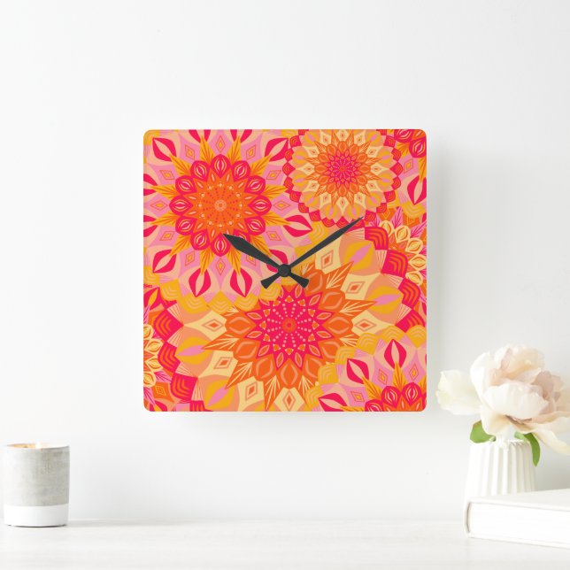 Overlapping Mandala Orange Pink Yellow Square Wall Clock (Home)